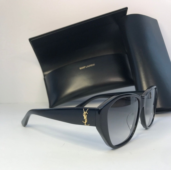 SAINT LAURENT YSL SLM8/F 001 Black Grey Gold Logo 57 mm Women's Sunglasses - Picture 1 of 11